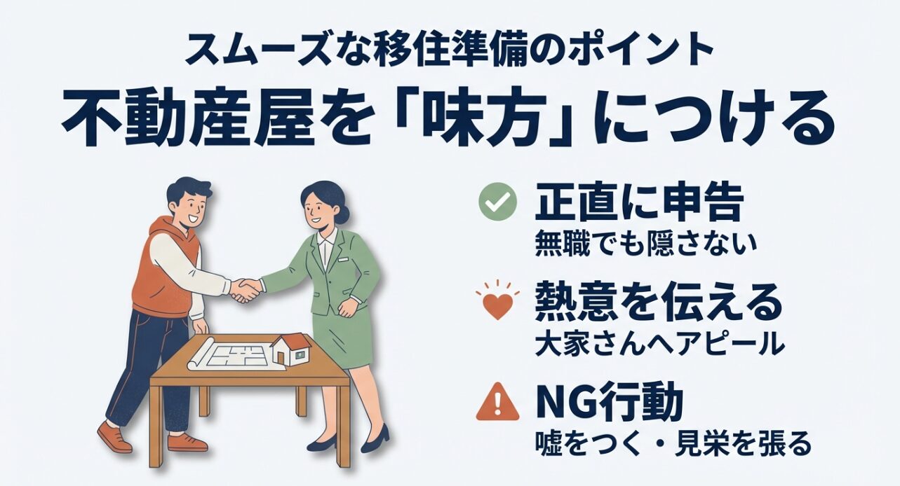 不動産屋を味方につけるために正直に申告し、嘘をつく・見栄を張るなどのNG行動を避けるべきだと解説するスライド