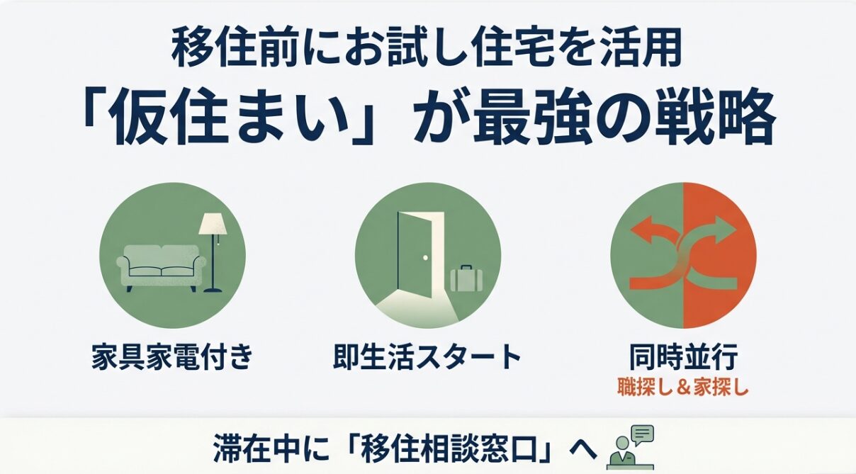 家具家電付きの仮住まいを活用し、職探しと家探しを同時進行するハイブリッド戦略を解説するスライド
