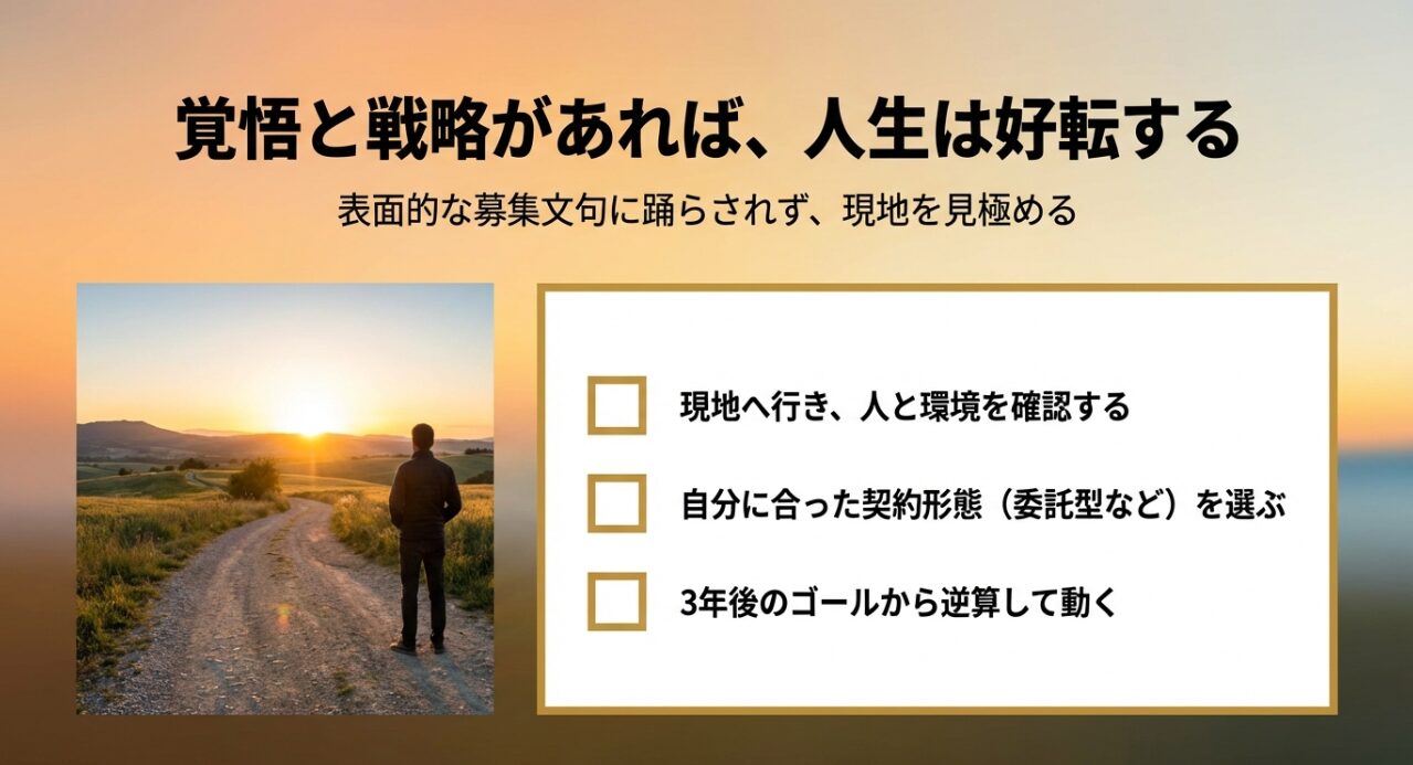 覚悟と戦略を持って夕日に向かって道を歩む移住者の後ろ姿