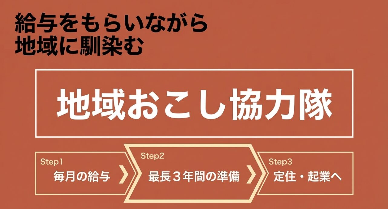 毎月の給与をもらいながら最長3年間の準備を経て定住・起業へ進む地域おこし協力隊のステップ