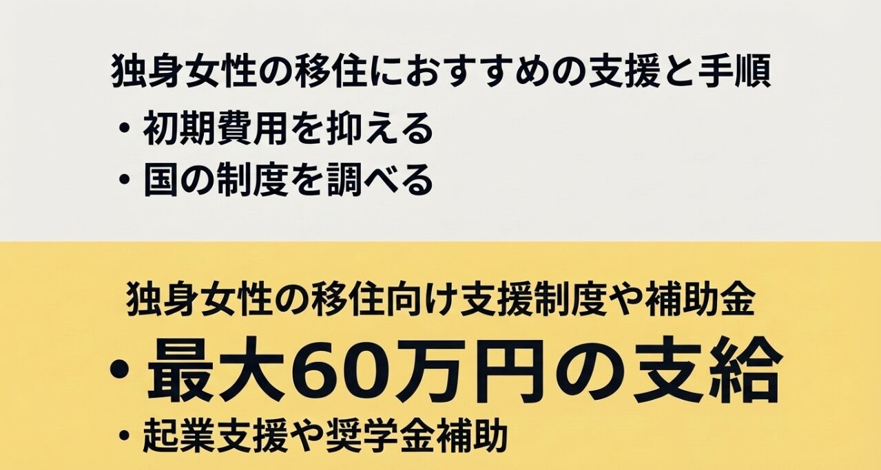 初期費用を抑える最大60万円の支給や起業支援・奨学金補助など独身女性の移住向け支援制度や補助金