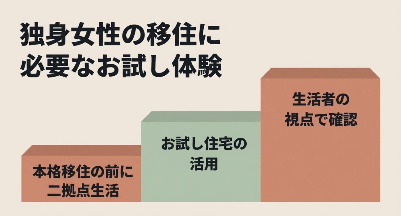 本格移住の前に二拠点生活やお試し住宅の活用など独身女性の移住に必要なお試し体験