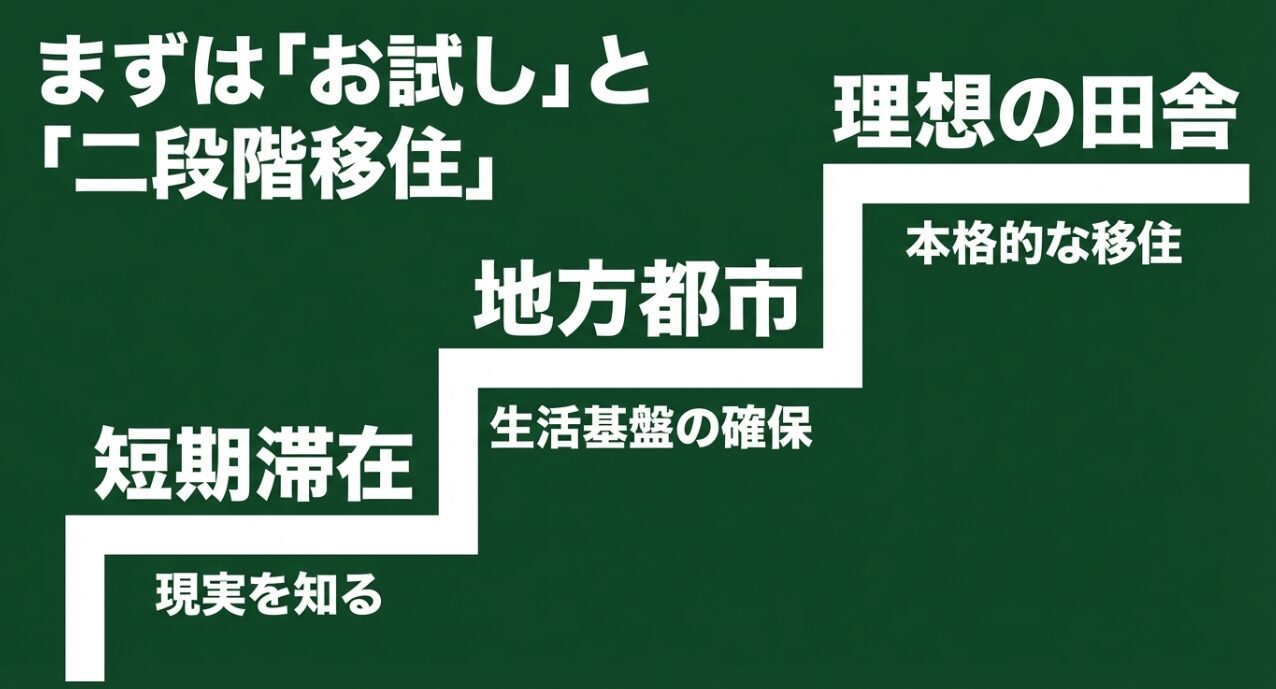 短期滞在で現実を知り、地方都市から理想の田舎へと進む二段階移住のステップ