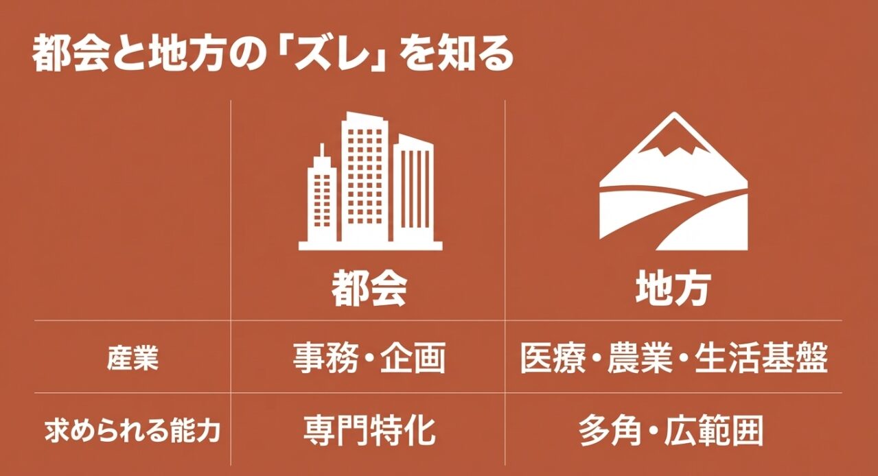 都会と地方の産業と求められる能力のズレを示す比較表
