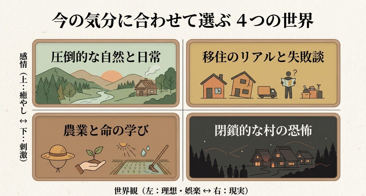 癒やしや刺激、理想や現実など、今の気分に合わせて選ぶ田舎暮らし漫画の4つの世界観